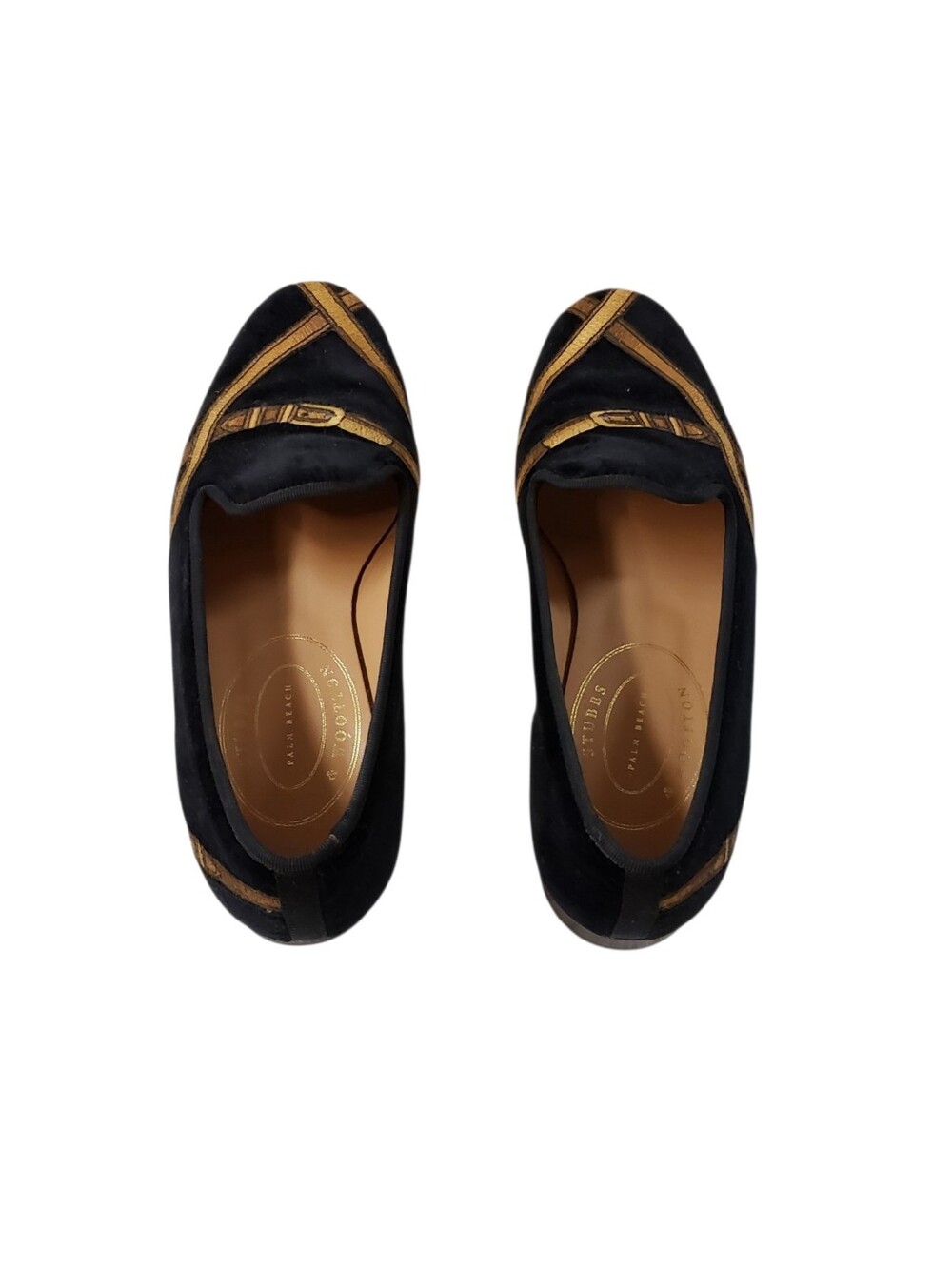 Stubbs & Wotton Black Velvet Embroidered Loafers with Gold Trim - Women Size 7.5 - Picture 8 of 8